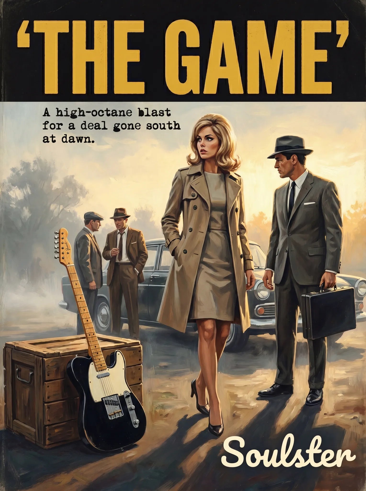 Soulster cinematic vintage pulp book cover art print illustration styled in a classic 1960s design layout inspired by The Game.