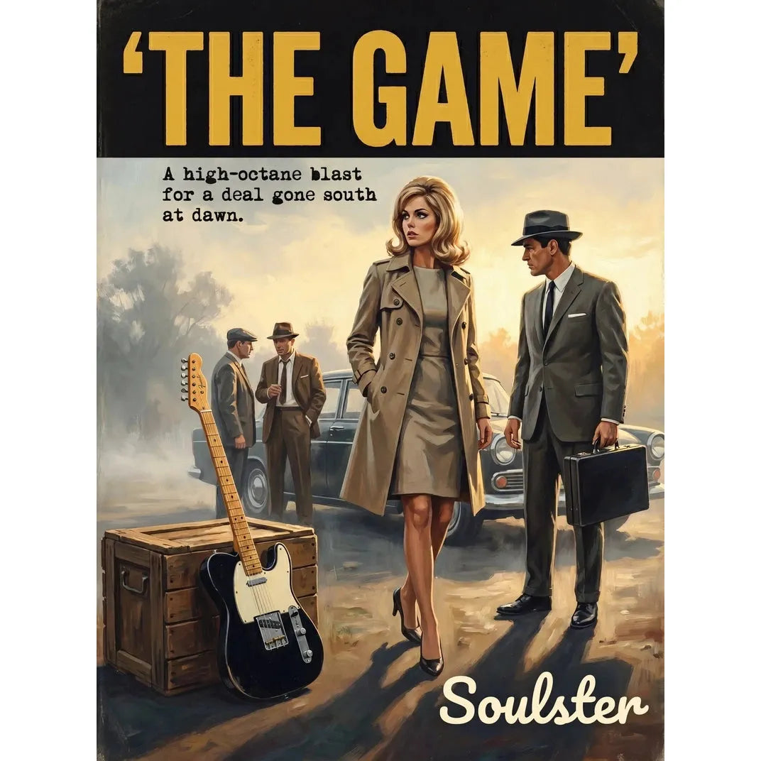 Soulster cinematic vintage pulp book cover art print illustration styled in a classic 1960s design layout inspired by The Game.