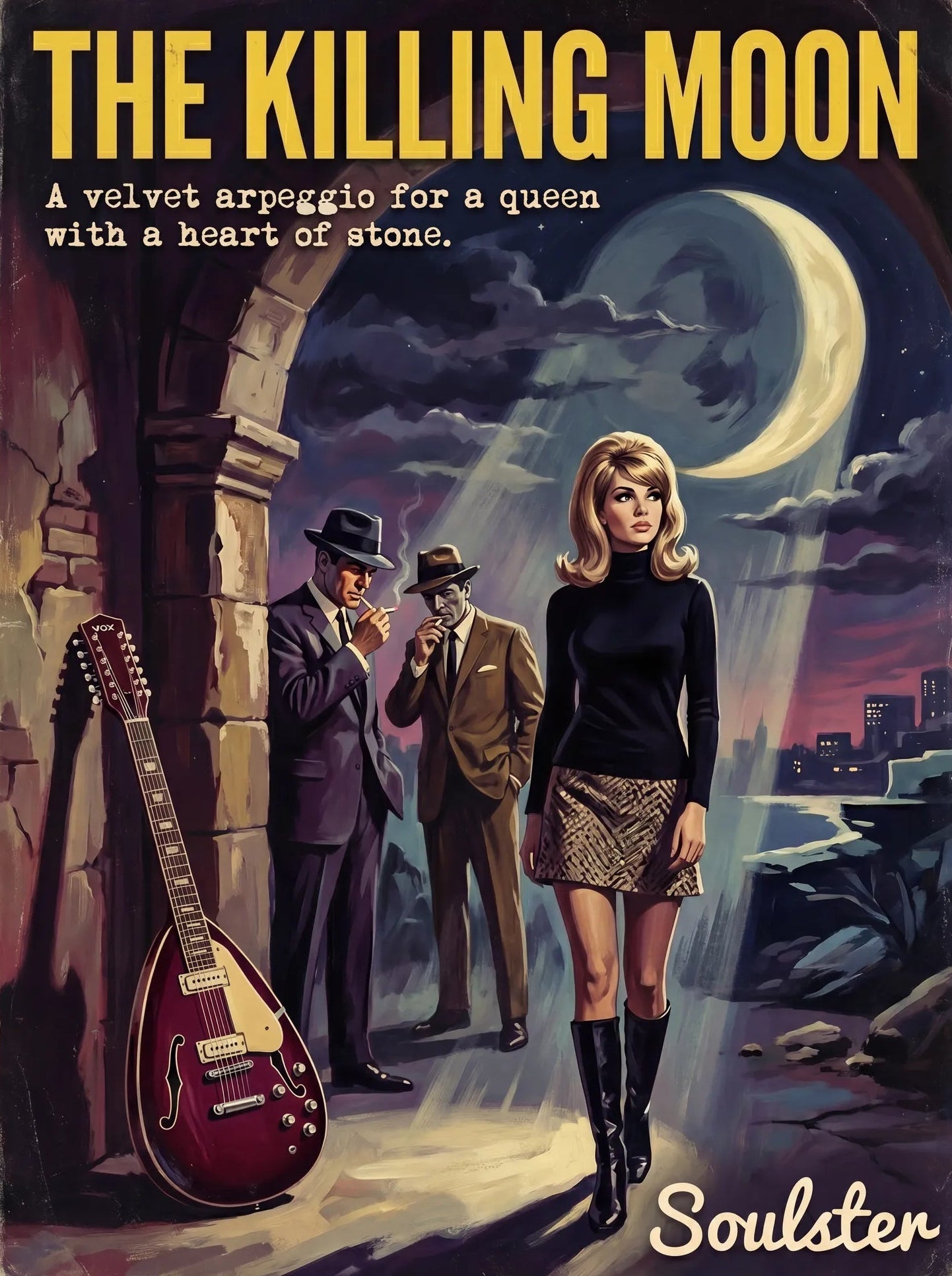 Soulster cinematic vintage pulp book cover art print illustration styled in a classic 1960s design layout inspired by The Killing Moon.