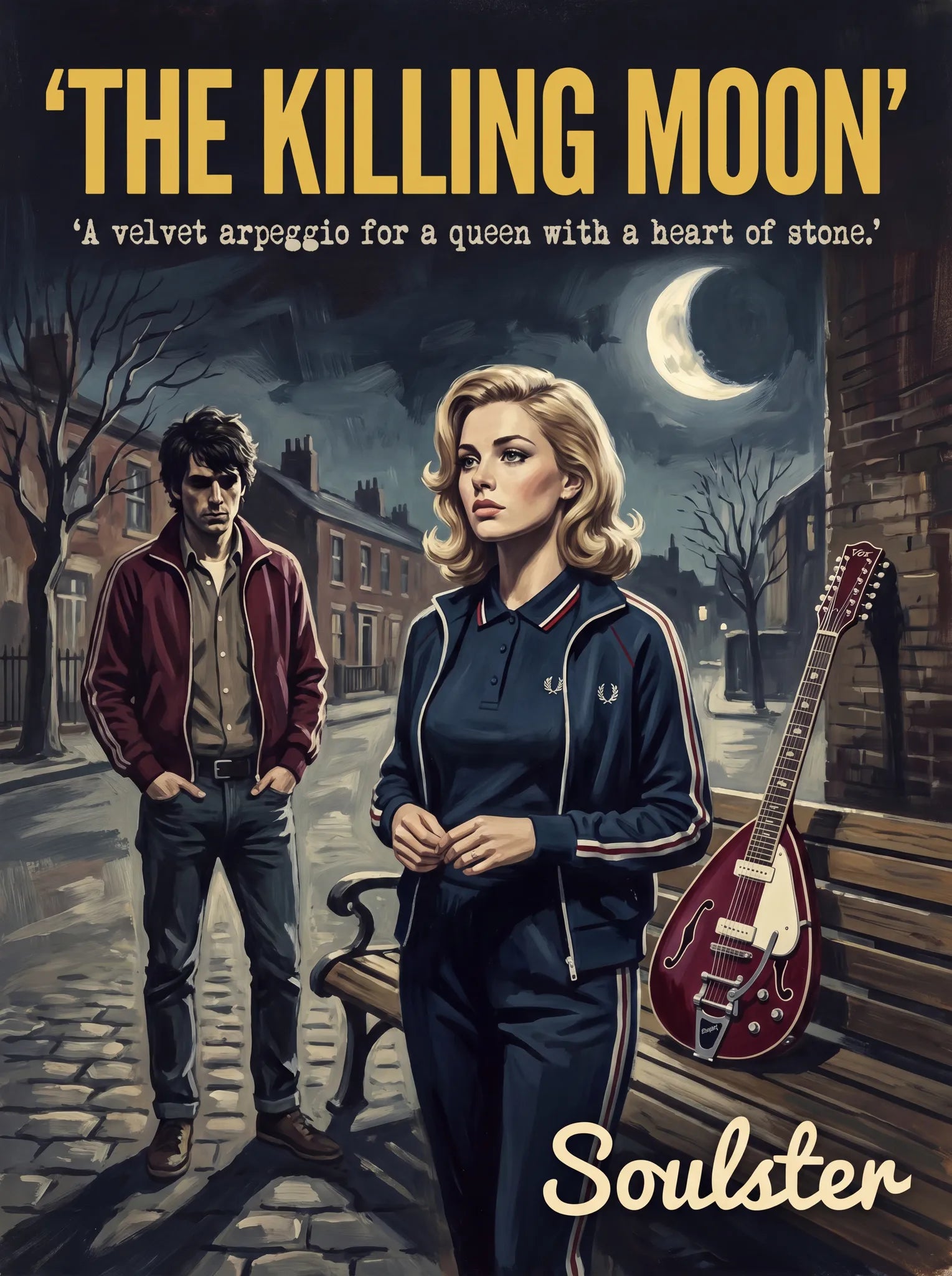Soulster retro pulp thriller book cover style art print illustration inspired by Alternative Indie - The Killing Moon.