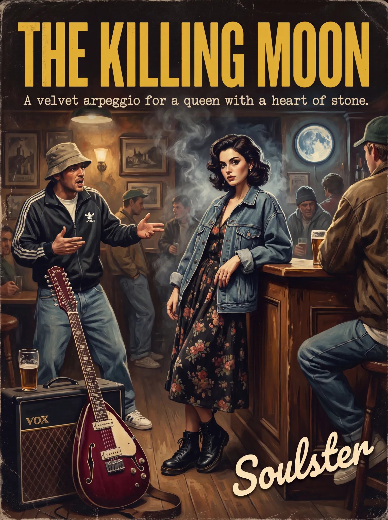 Soulster cinematic vintage pulp book cover art print illustration styled in a classic 1990s design layout inspired by The Killing Moon.