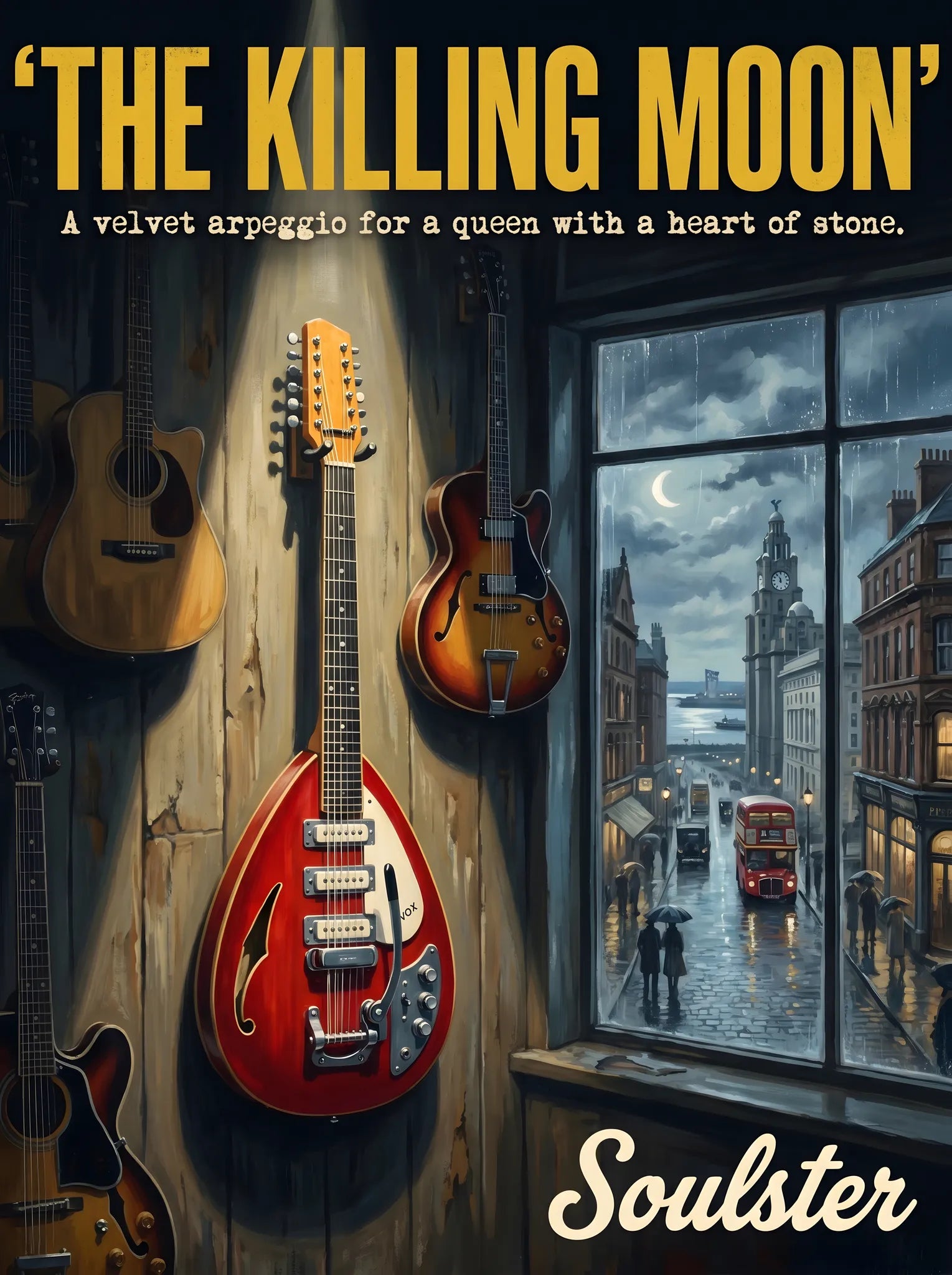 Soulster Manchester Edition wall art print showing a cinematic pulp style design of a Vintage Guitar inspired by The Killing Moon - Liverpool.