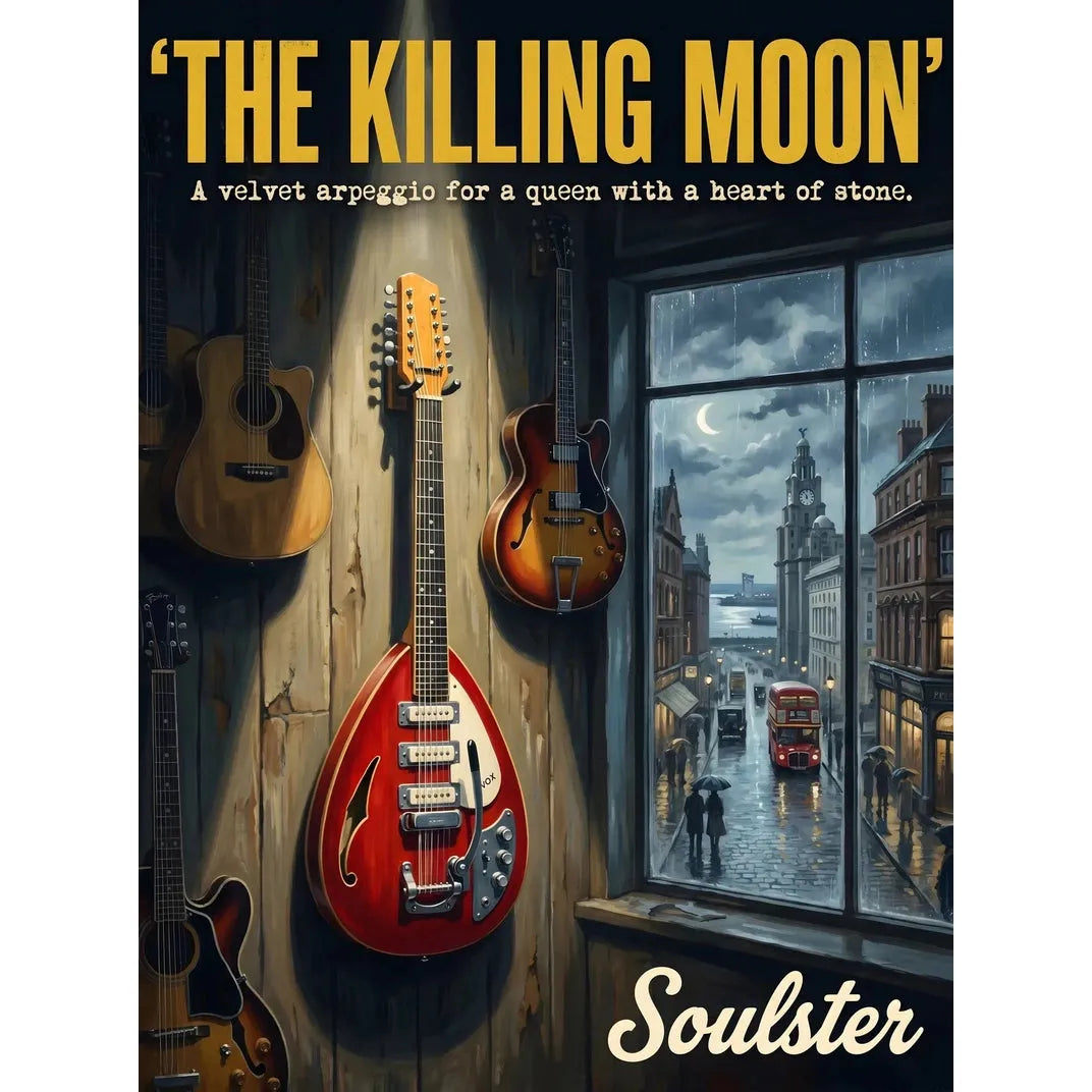 Soulster Manchester Edition wall art print showing a cinematic pulp style design of a Vintage Guitar inspired by The Killing Moon - Liverpool.