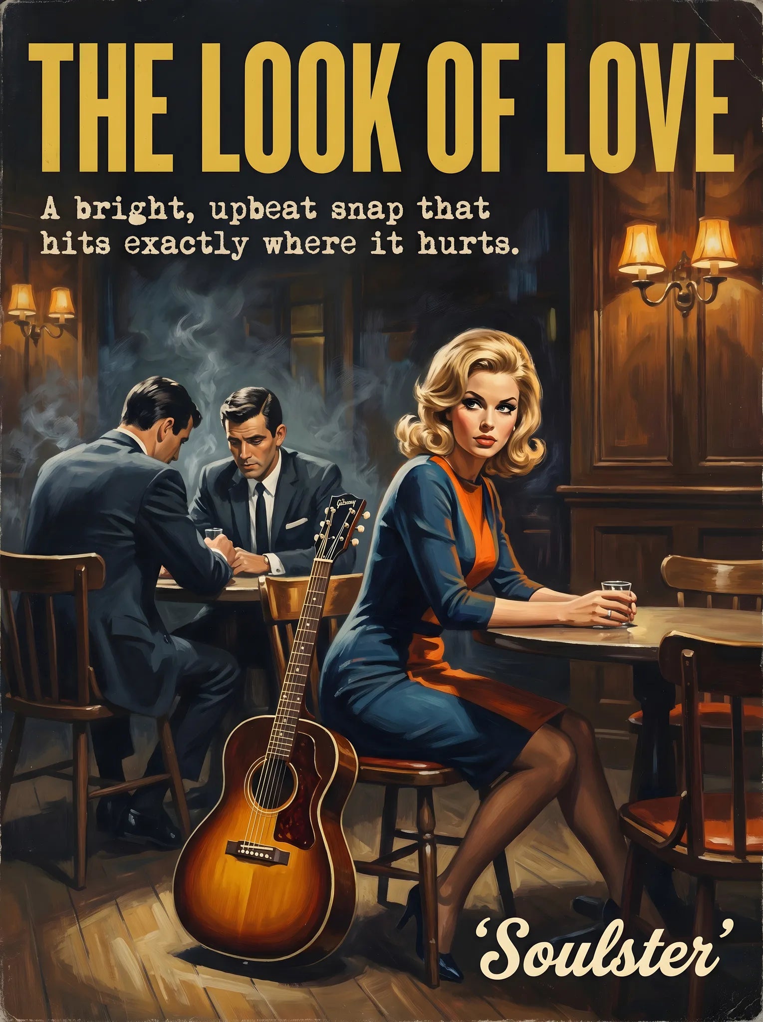 Soulster cinematic vintage pulp book cover art print illustration styled in a classic 1960s theme inspired by The Look Of Love.