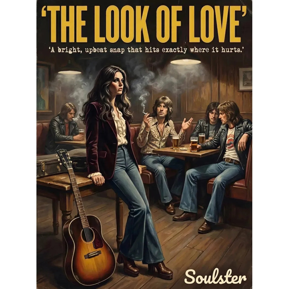 Soulster cinematic vintage pulp book cover art print illustration styled in a classic 1970s theme inspired by The Look Of Love.