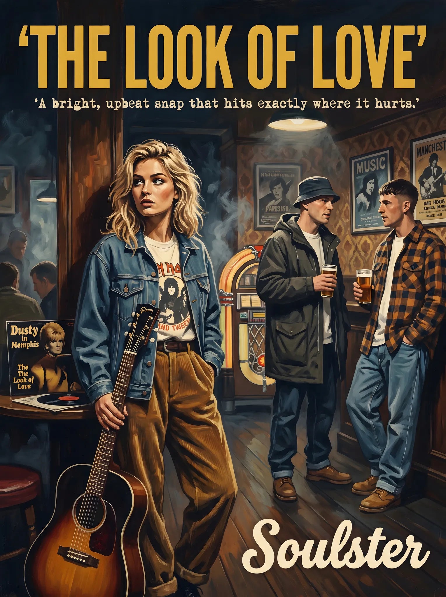 Soulster cinematic vintage pulp book cover art print illustration styled in a classic 1990s theme inspired by The Look Of Love.