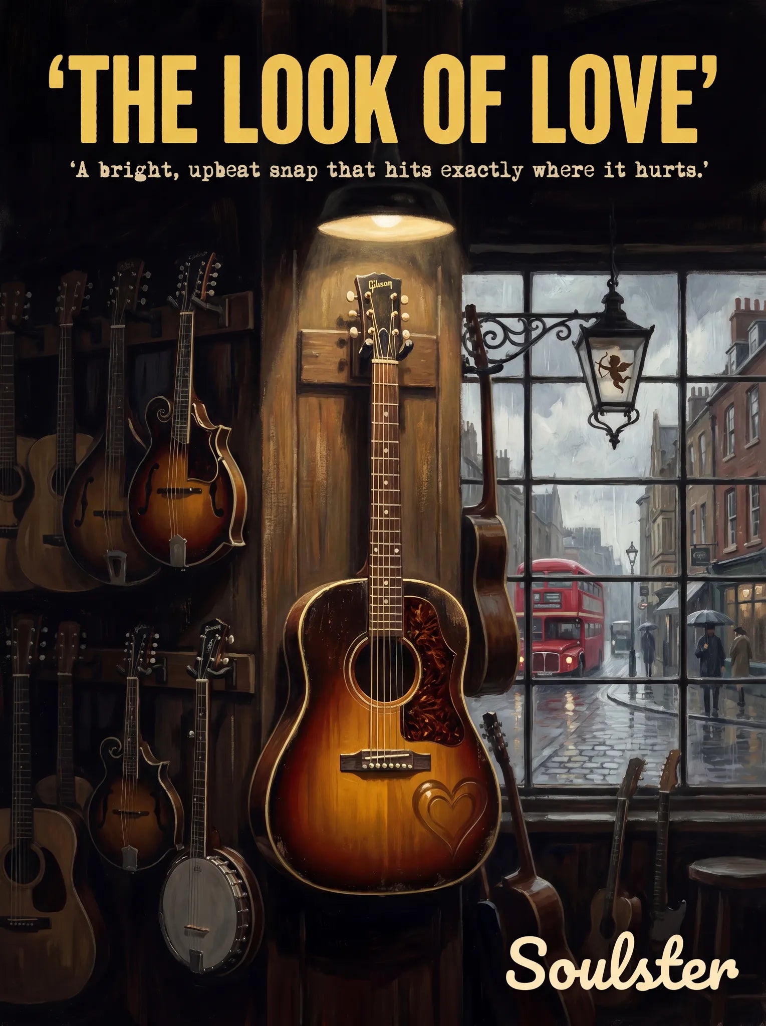 Soulster Manchester Edition wall art print showing a cinematic pulp style design of a Vintage Guitar inspired by The Look Of Love - London.