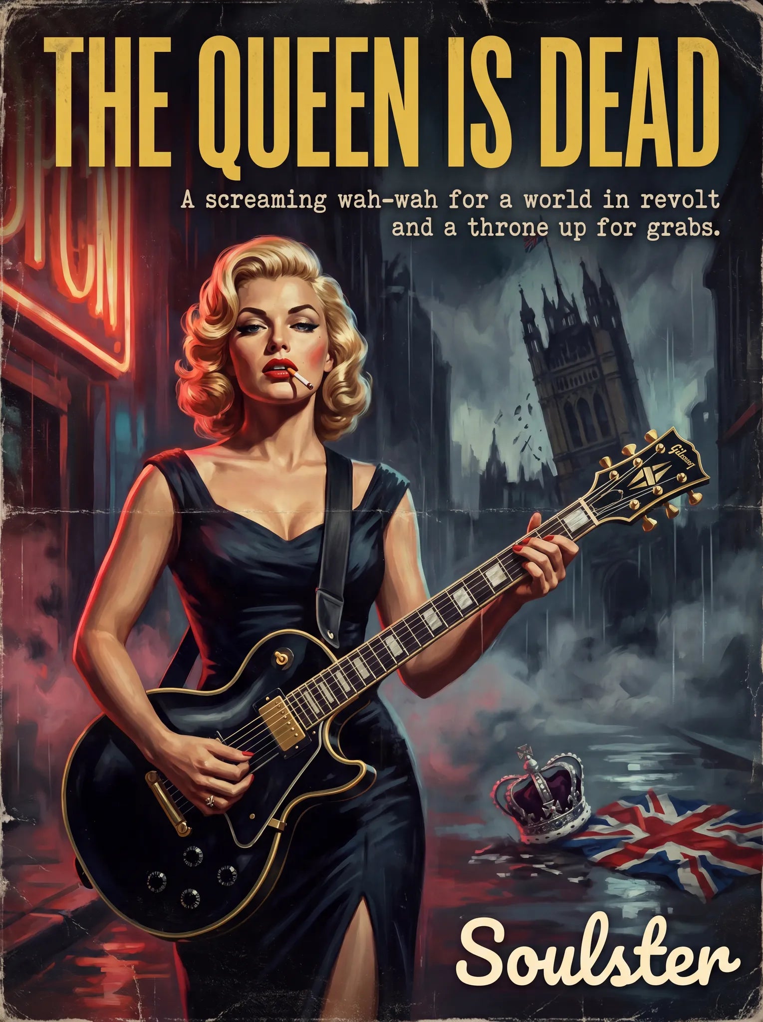 Soulster cinematic vintage pulp book cover art print illustration styled in a classic 1950s design layout inspired by The Queen Is Dead.
