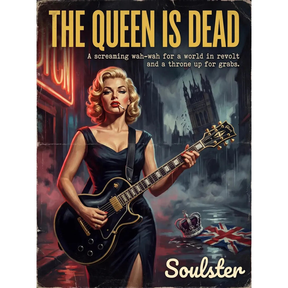 Soulster cinematic vintage pulp book cover art print illustration styled in a classic 1950s design layout inspired by The Queen Is Dead.
