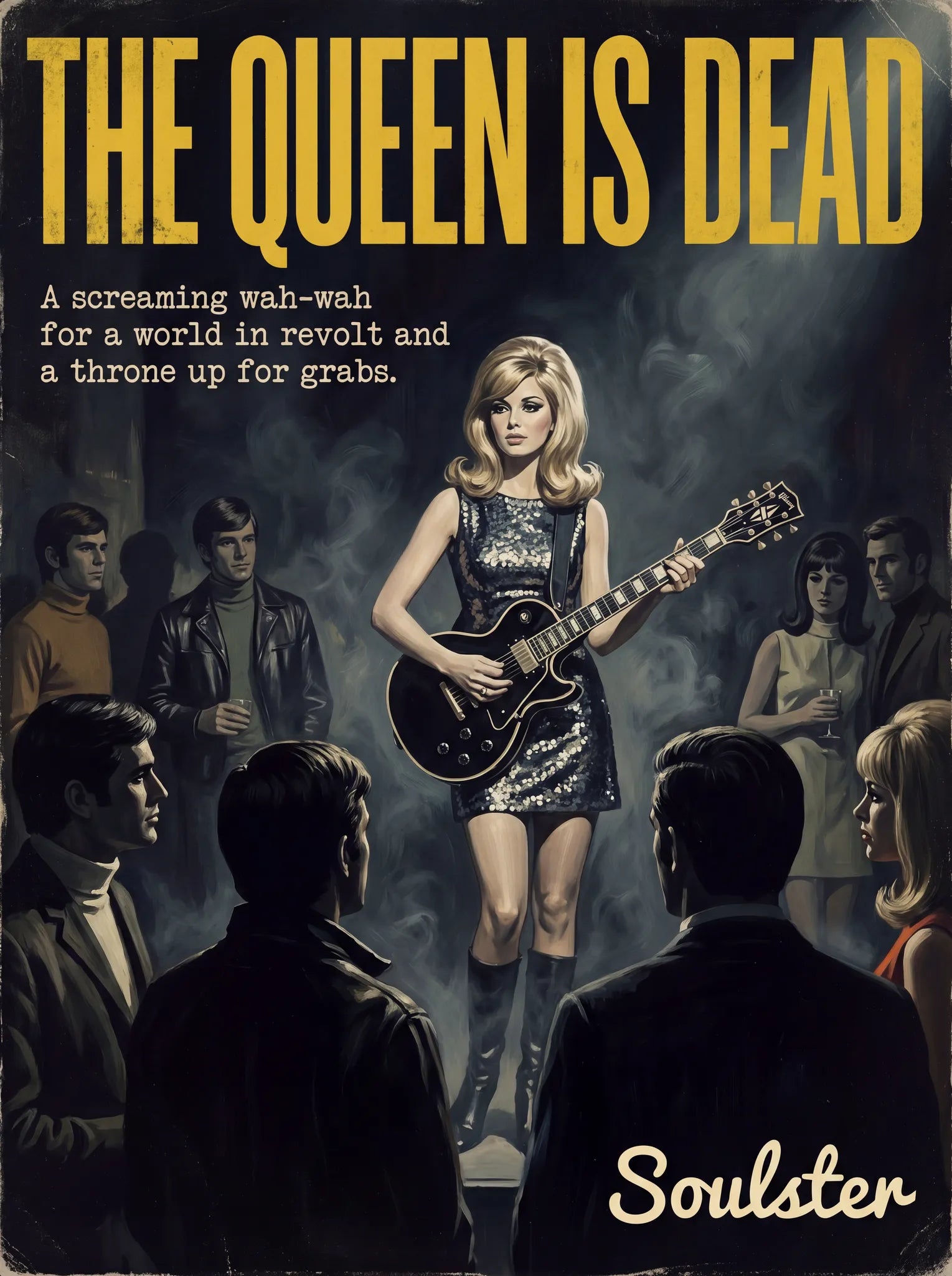 Soulster cinematic vintage pulp book cover art print illustration styled in a classic 1960s design layout inspired by The Queen Is Dead.