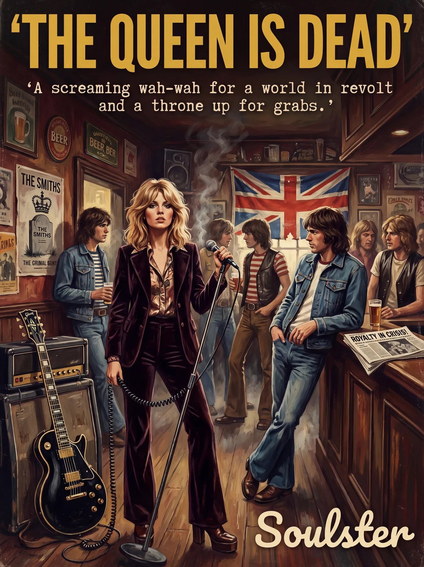 Soulster cinematic vintage pulp book cover art print illustration styled in a classic 1970s design layout inspired by The Queen Is Dead.