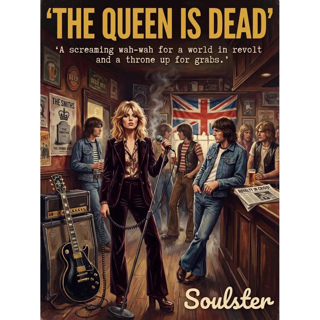 Soulster cinematic vintage pulp book cover art print illustration styled in a classic 1970s design layout inspired by The Queen Is Dead.
