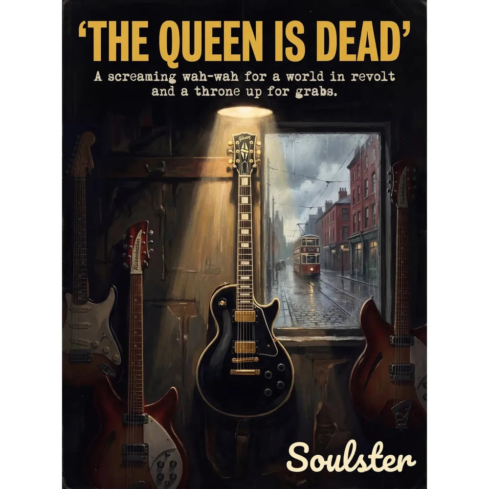 Soulster Manchester Edition wall art print showing a cinematic pulp style design of a Gibson Les Paul Custom inspired by The Queen Is Dead.