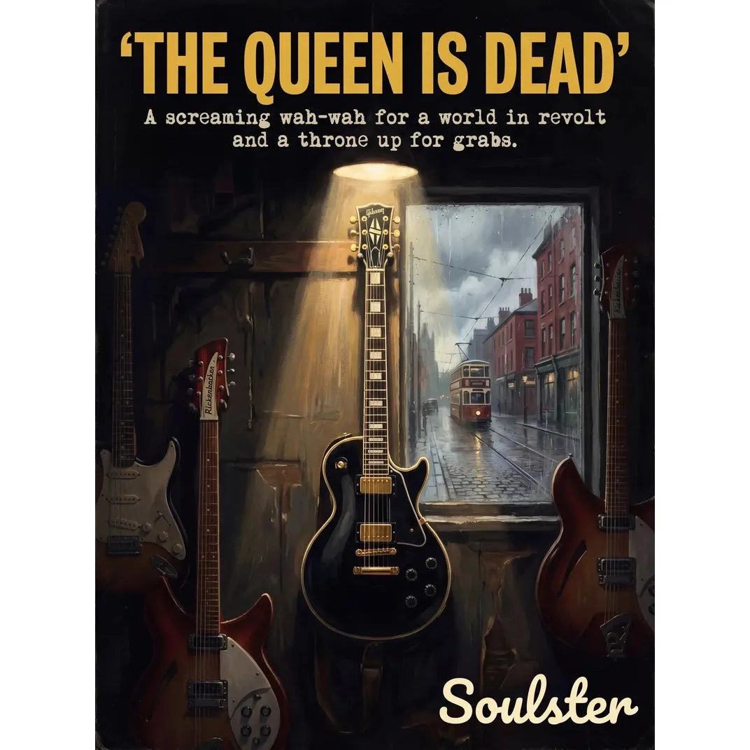 Soulster Manchester Edition wall art print showing a cinematic pulp style design of a Gibson Les Paul Custom inspired by The Queen Is Dead.