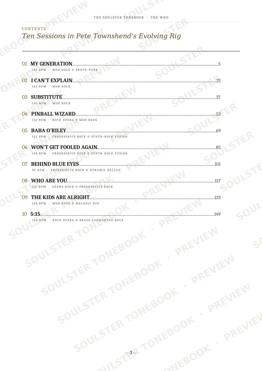 A printed table of contents page from 'The Soulater Embarko: The Web' by Pete Townshend, showing chapter titles, page numbers, and a footer page number 72, with repeated diagonal preview watermarks across the page.