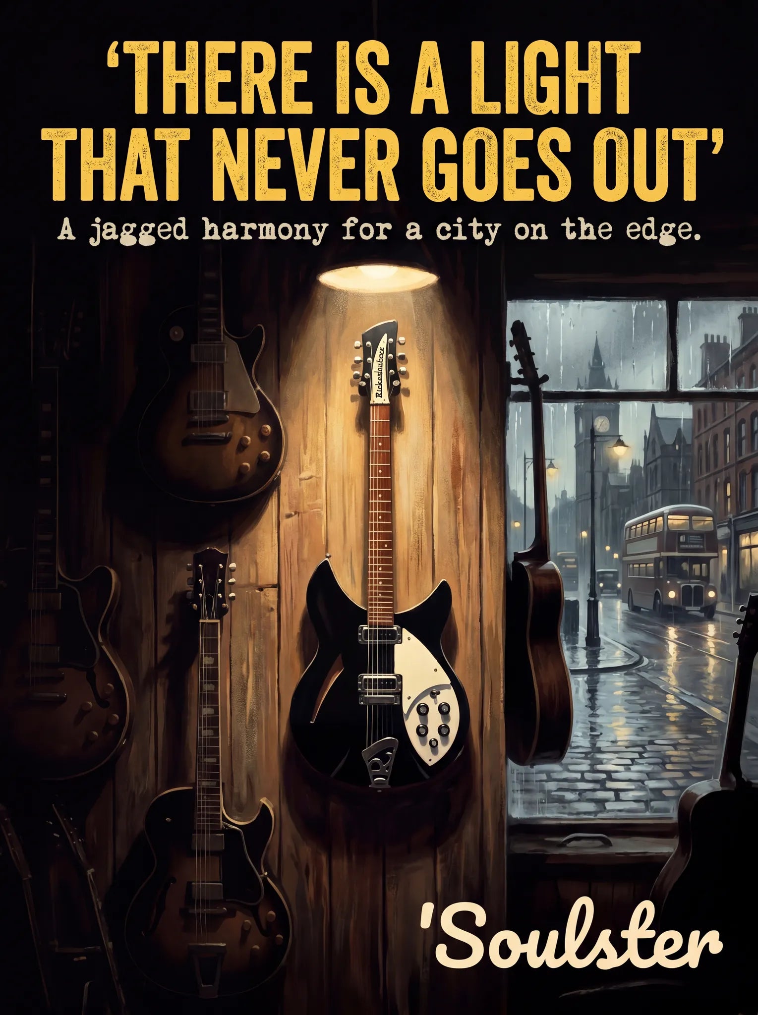 Soulster Manchester Edition wall art print showing a cinematic pulp style design of a Rickenbacker 330 inspired by There Is A Light That Never Goes Out.