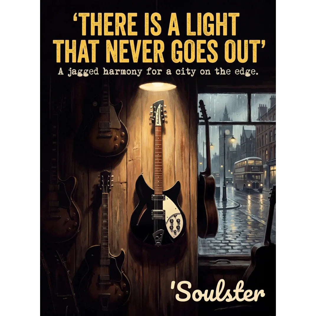 Soulster Manchester Edition wall art print showing a cinematic pulp style design of a Rickenbacker 330 inspired by There Is A Light That Never Goes Out.