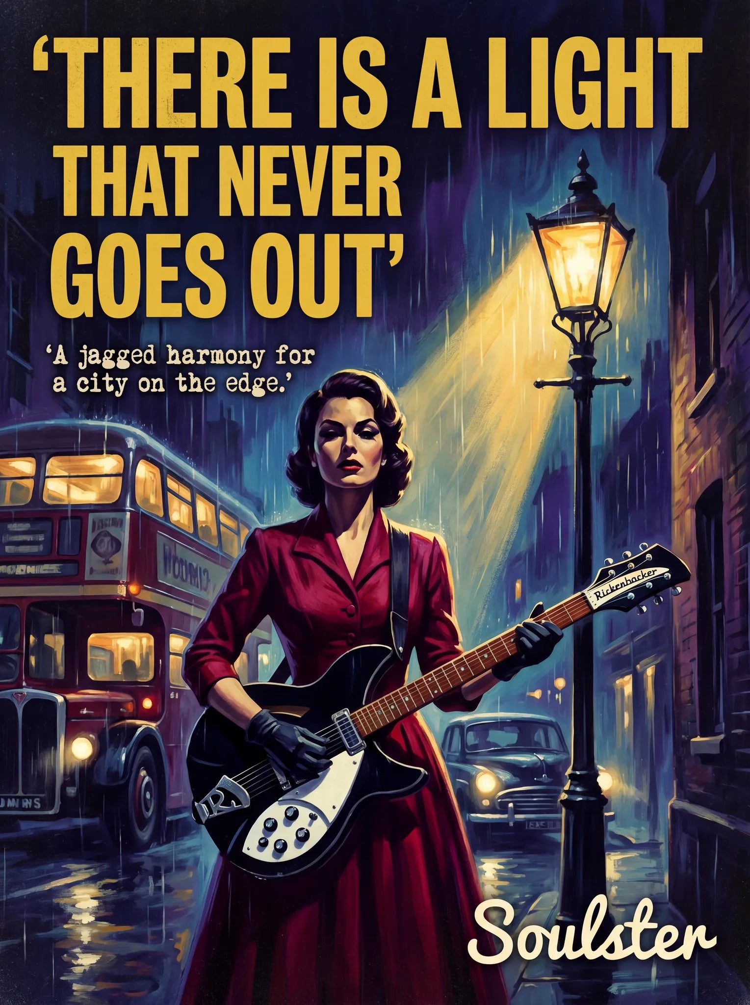 Soulster cinematic vintage pulp book cover art print illustration styled in a classic 1950s design layout inspired by There Is A Light That Never Goes Out.