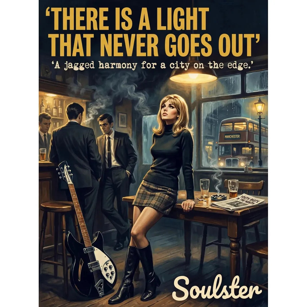 Soulster cinematic vintage pulp book cover art print illustration styled in a classic 1960s design layout inspired by There Is A Light That Never Goes Out.