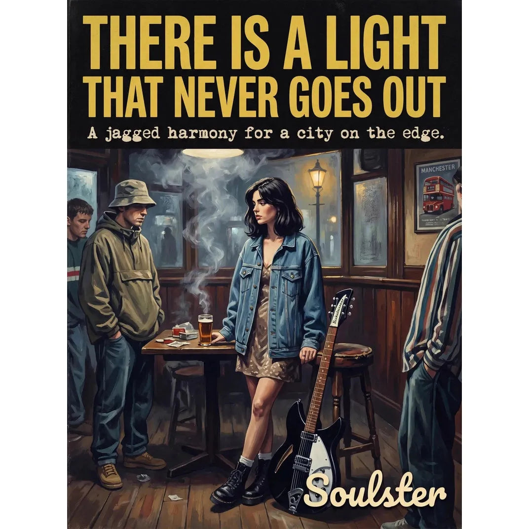 Soulster cinematic vintage pulp book cover art print illustration styled in a classic 1990s design layout inspired by There Is A Light That Never Goes Out.