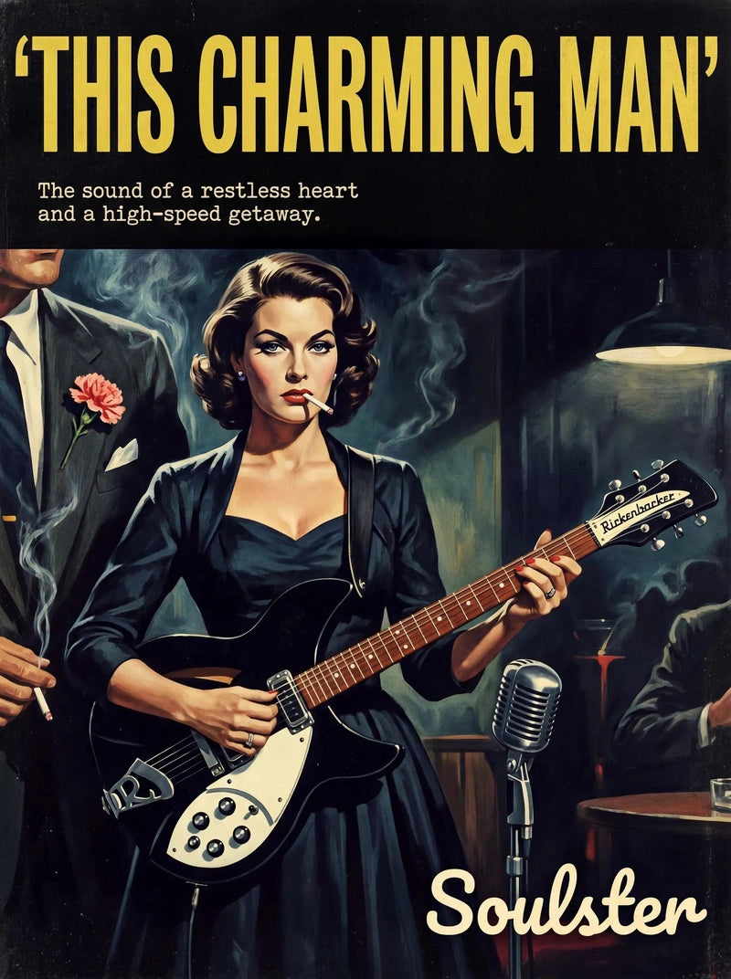Soulster cinematic vintage pulp book cover art print illustration styled in a classic 1950s design layout inspired by This Charming Man.