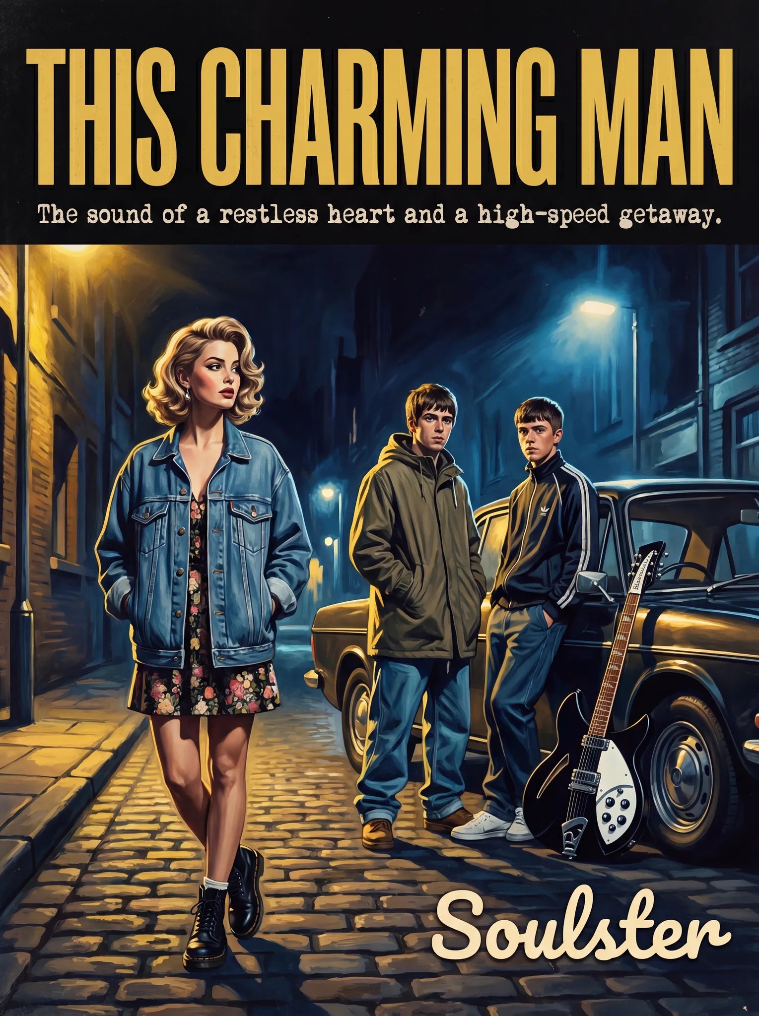Soulster cinematic vintage pulp book cover art print illustration styled in a classic 1990s design layout inspired by This Charming Man.