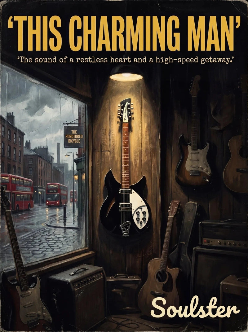 Soulster Manchester Edition wall art print showing a cinematic pulp style design of a Rickenbacker 330 inspired by This Charming Man.