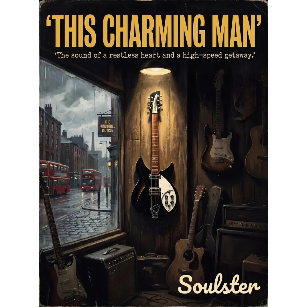 Soulster Manchester Edition wall art print showing a cinematic pulp style design of a Rickenbacker 330 inspired by This Charming Man.