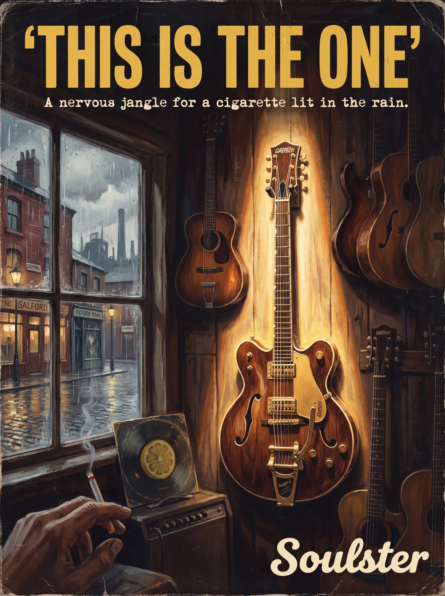 Soulster Manchester Edition wall art print showing a cinematic pulp style design of a Vintage Guitar inspired by This Is The One.