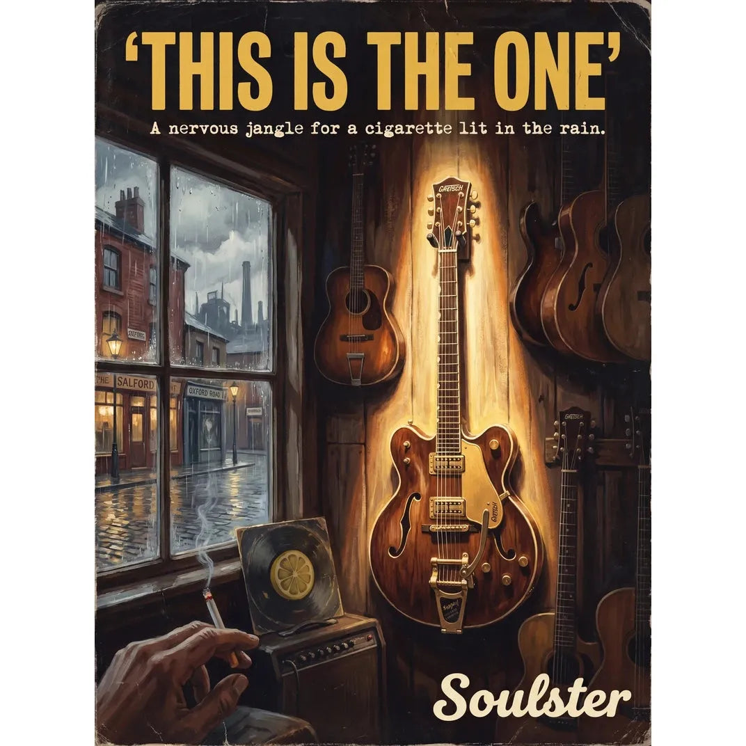 Soulster Manchester Edition wall art print showing a cinematic pulp style design of a Vintage Guitar inspired by This Is The One.