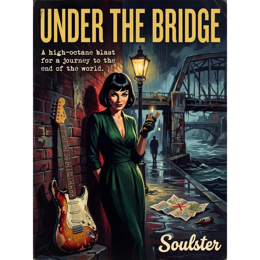 Soulster cinematic vintage pulp book cover art print illustration styled in a classic 1950s design layout inspired by Under The Bridge.