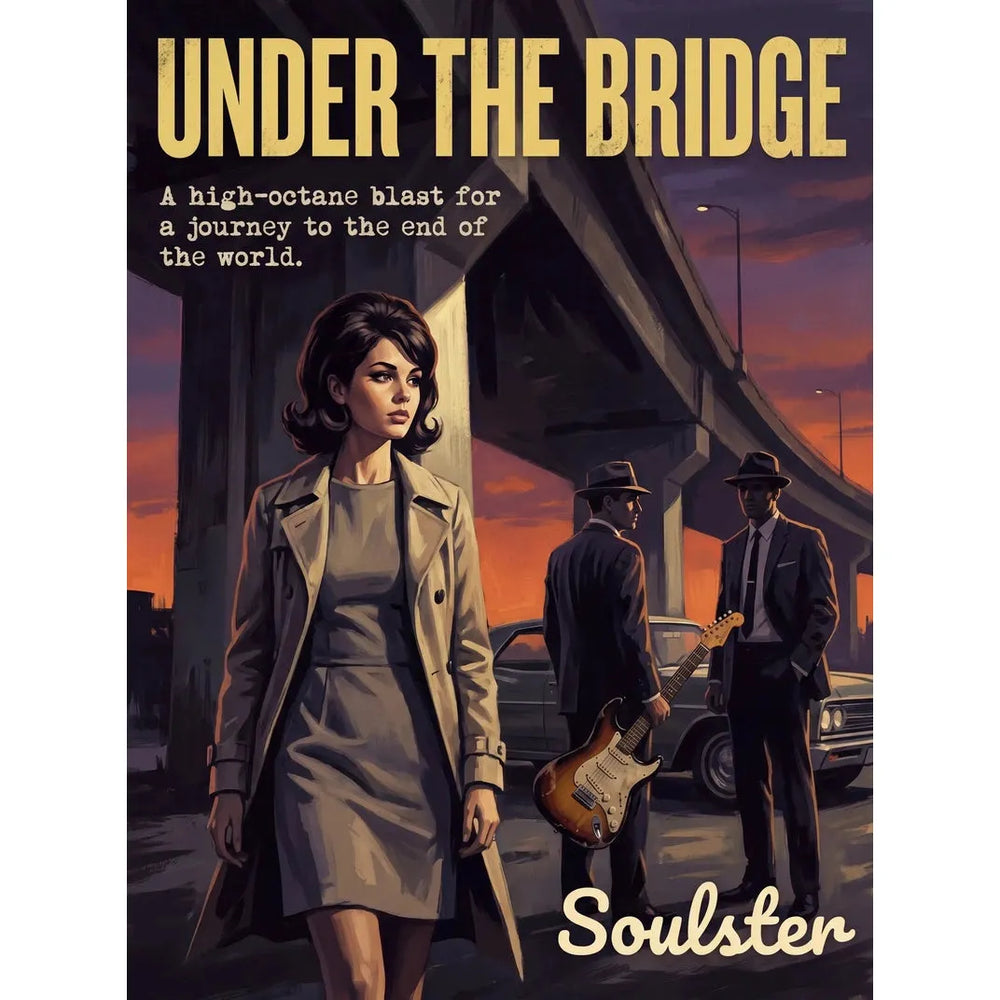Soulster cinematic vintage pulp book cover art print illustration styled in a classic 1960s design layout inspired by Under The Bridge.