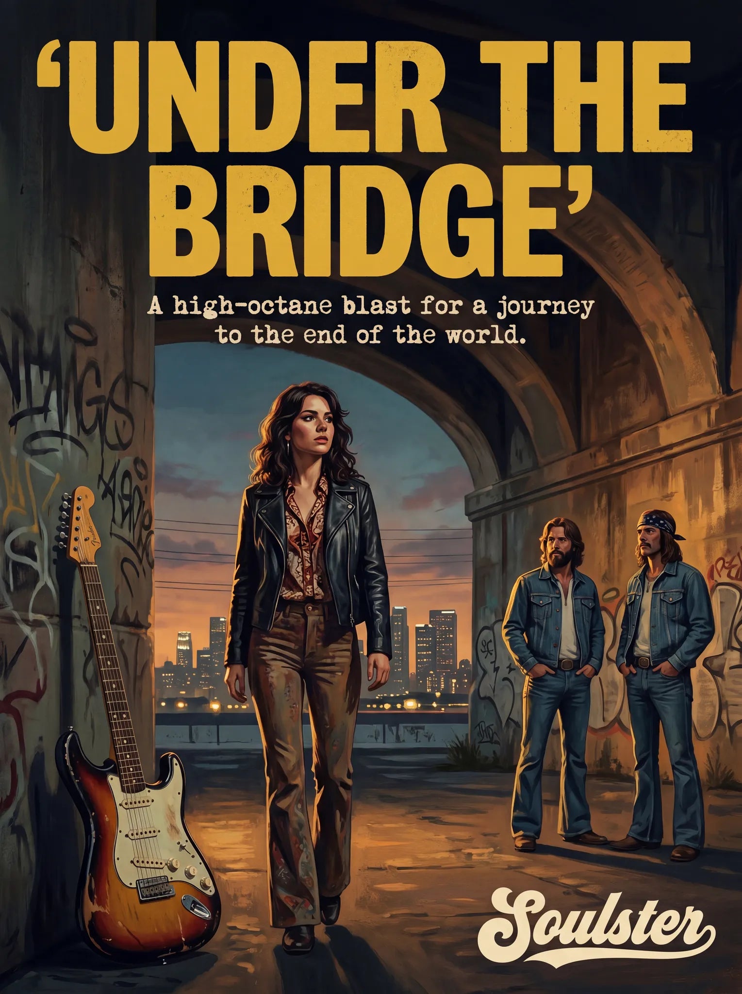 Soulster cinematic vintage pulp book cover art print illustration styled in a classic 1970s design layout inspired by Under The Bridge.