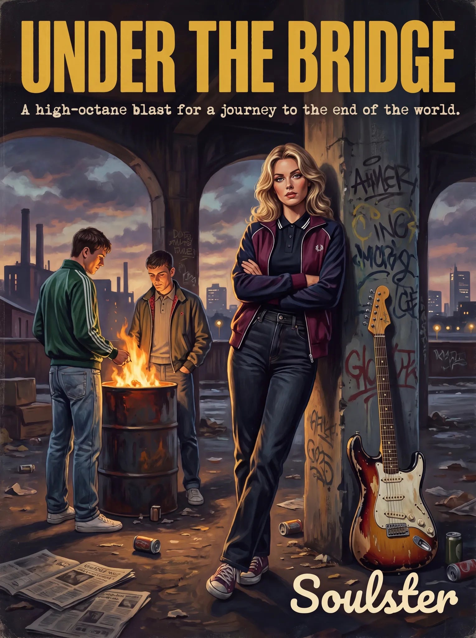 Soulster retro pulp thriller book cover style art print illustration inspired by Alternative Indie - Under The Bridge.