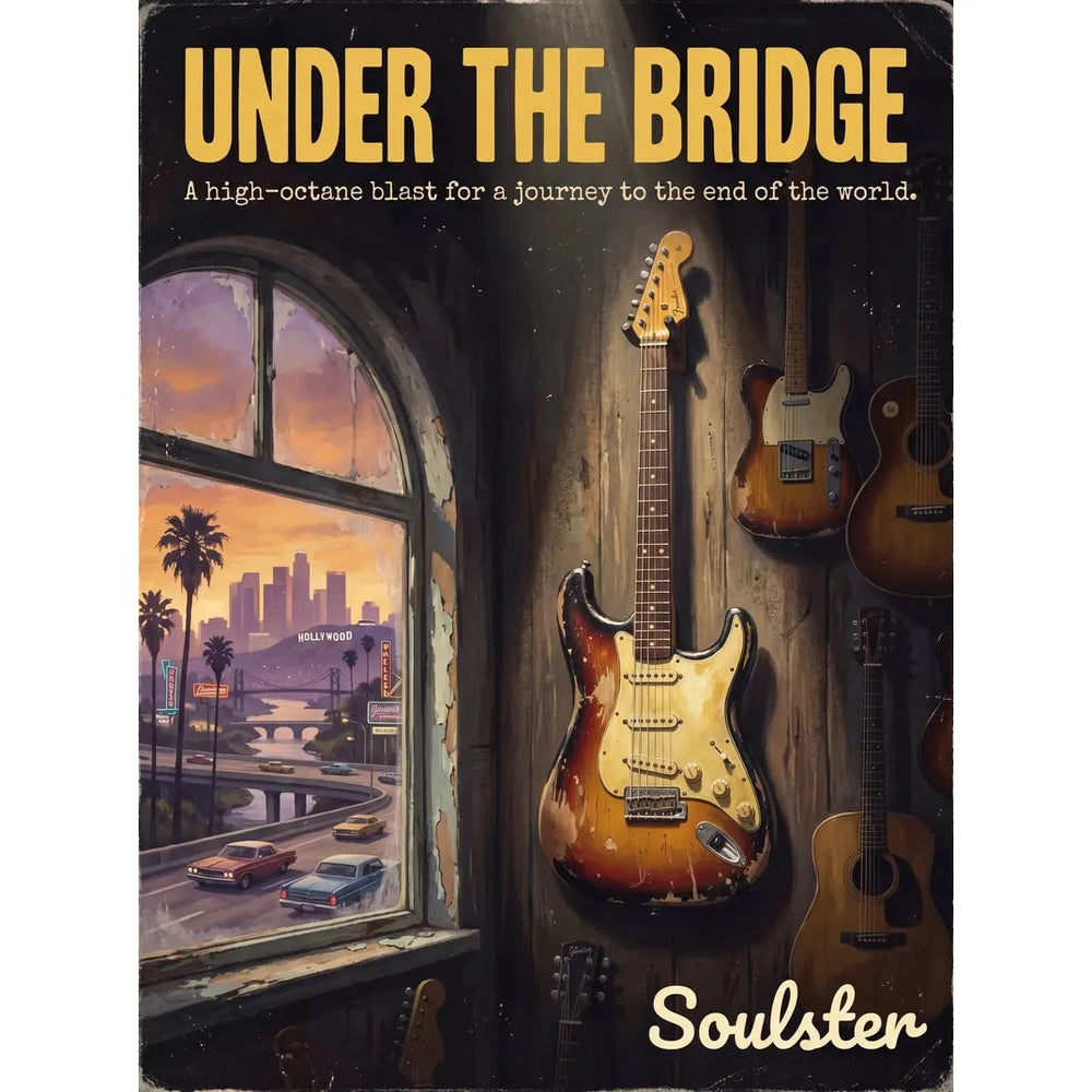Soulster Manchester Edition wall art print showing a cinematic pulp style design of a Vintage Guitar inspired by Under The Bridge - Los Angeles.