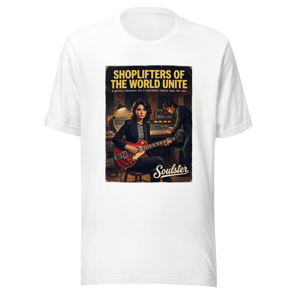 Soulster premium studio edition graphic t-shirt inspired by the timeless music legacy of Shoplifters Of The World Unite.