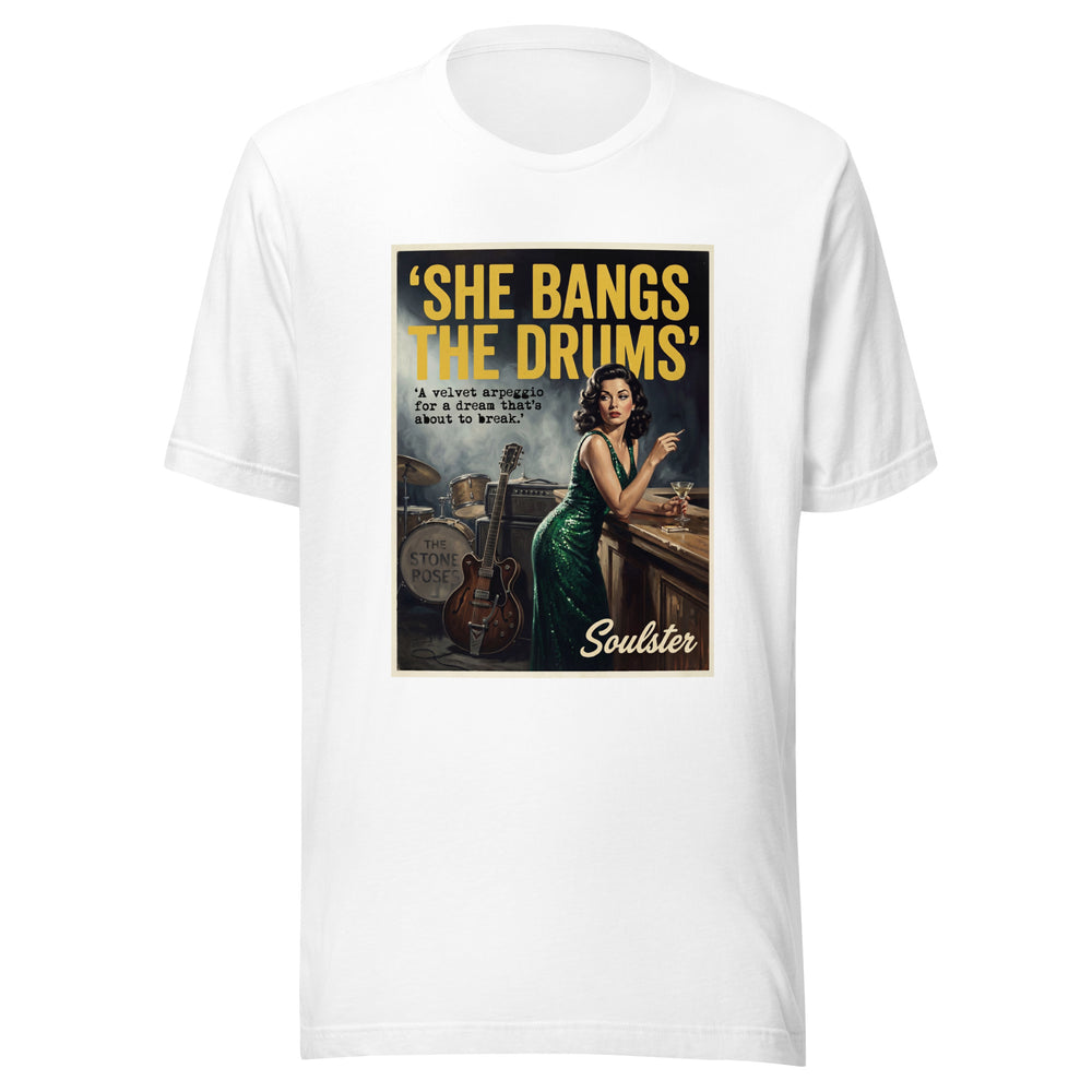 Soulster premium studio edition graphic t-shirt inspired by the timeless music legacy of She Bangs The Drums T-Shirt - Film Noir Edition.