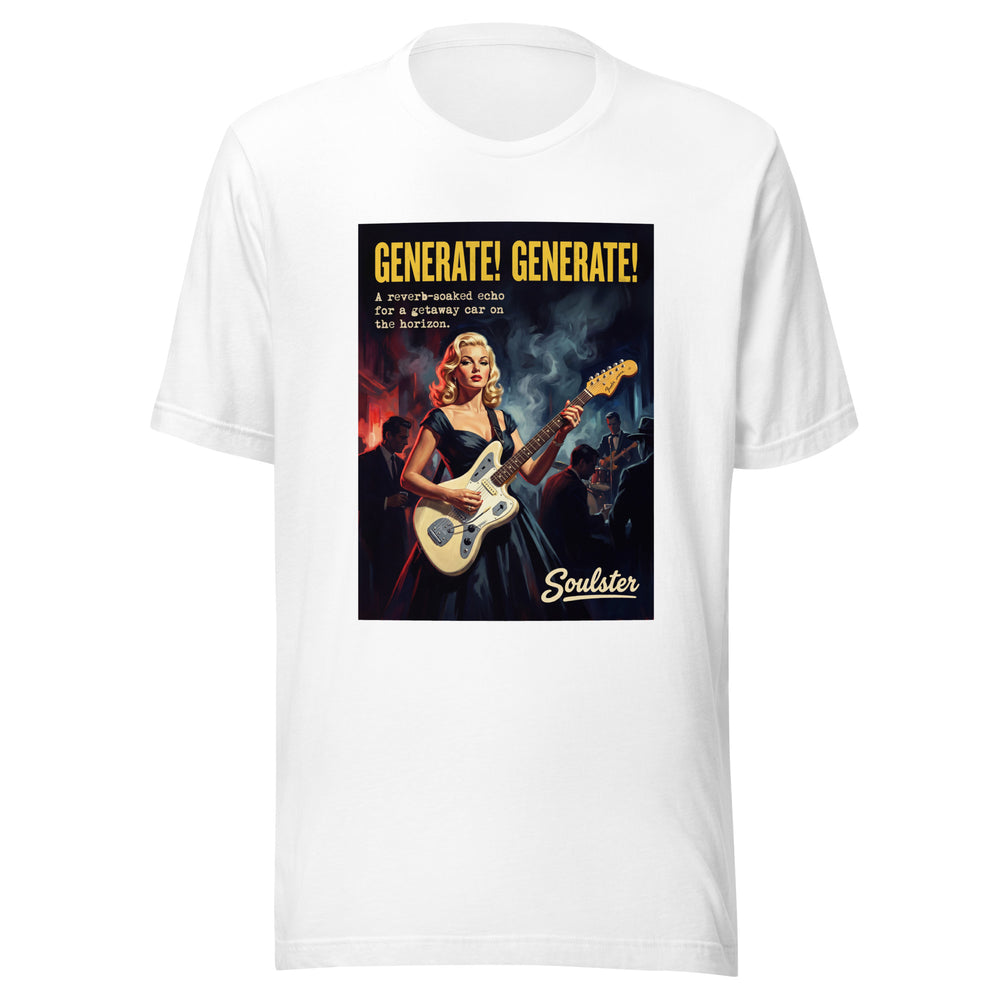 Soulster premium studio edition graphic t-shirt inspired by the timeless music legacy of Generate, Generate T-Shirt - Film Noir Edition.