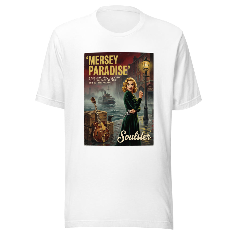 Soulster premium studio edition graphic t-shirt inspired by the timeless music legacy of Mersey Paradise T-Shirt - Film Noir Edition.