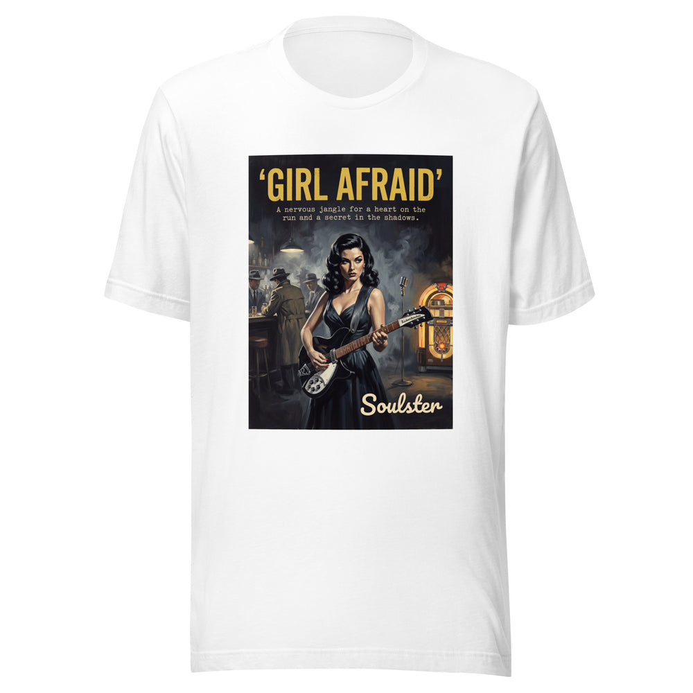 Soulster premium studio edition graphic t-shirt inspired by the timeless music legacy of Girl Afraid T-Shirt - Film Noir Edition.