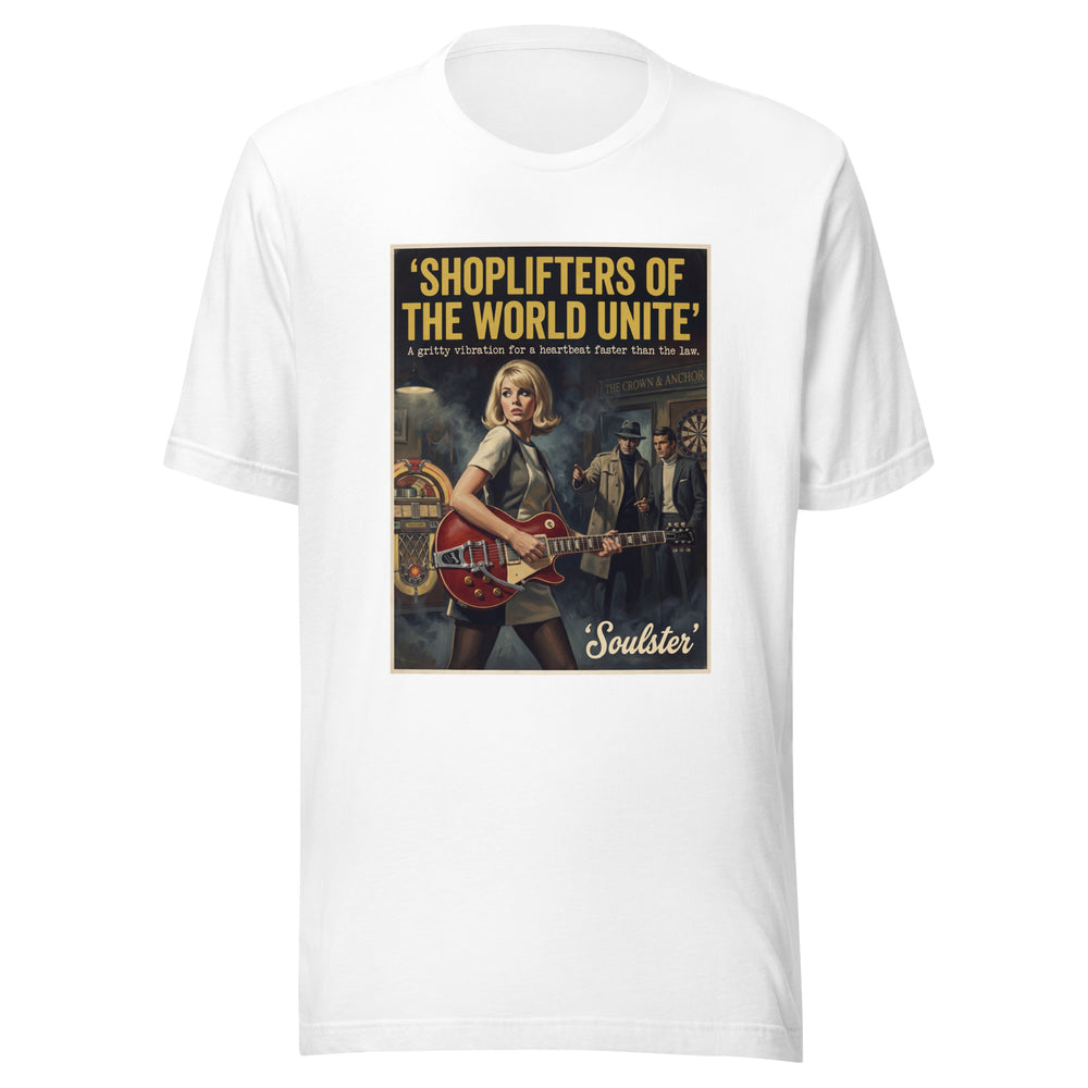 Soulster premium studio edition graphic t-shirt inspired by the timeless music legacy of Shoplifters Of The World Unite T-Shirt - Paperback Edition.
