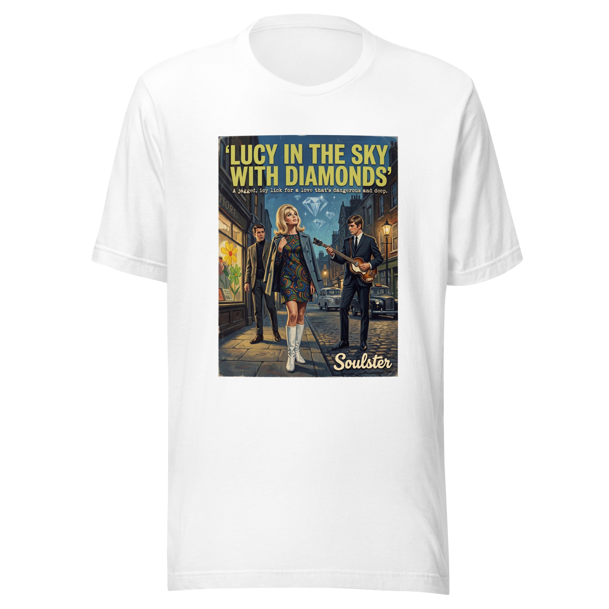 Soulster premium studio edition graphic t-shirt inspired by the timeless music legacy of Lucy In The Sky With Diamonds T-Shirt - Paperback Edition.