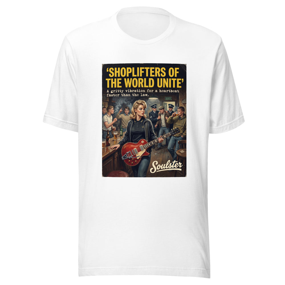 Soulster premium studio edition graphic t-shirt inspired by the timeless music legacy of Shoplifters Of The World Unite T-Shirt - Kitchen Sink Edition.