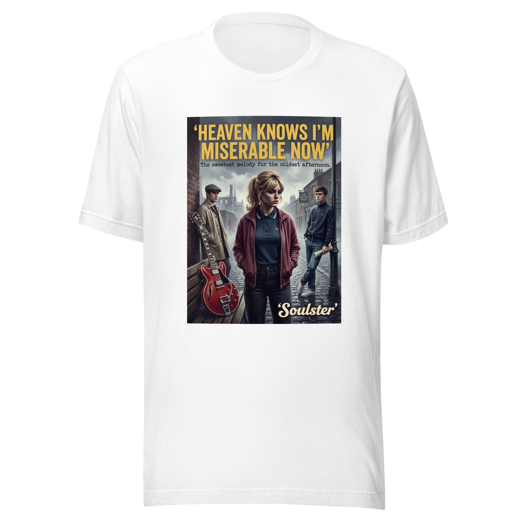 Soulster premium studio edition graphic t-shirt inspired by the timeless music legacy of Heaven Knows I'm Miserable Now T-Shirt - Kitchen Sink Edition.