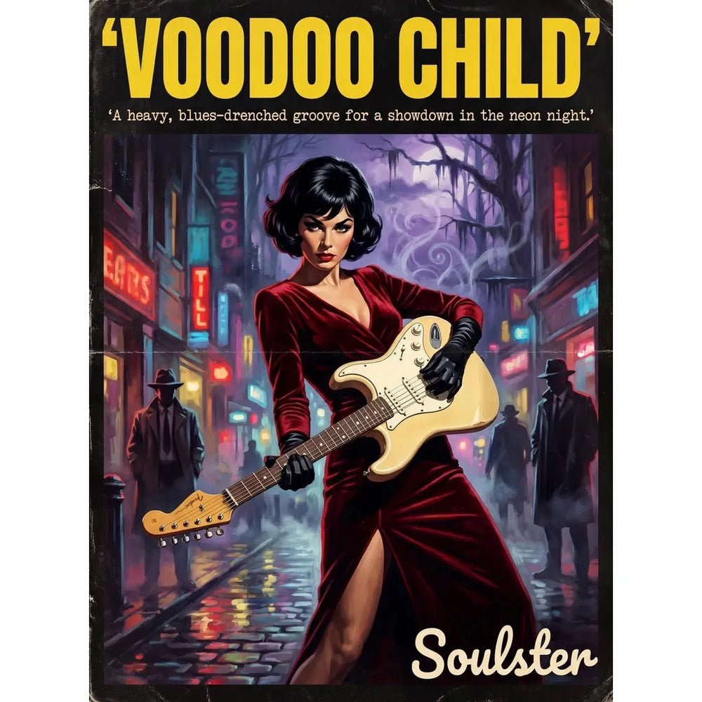 Soulster cinematic vintage pulp book cover art print illustration styled in a classic 1950s design layout inspired by Voodoo Child.