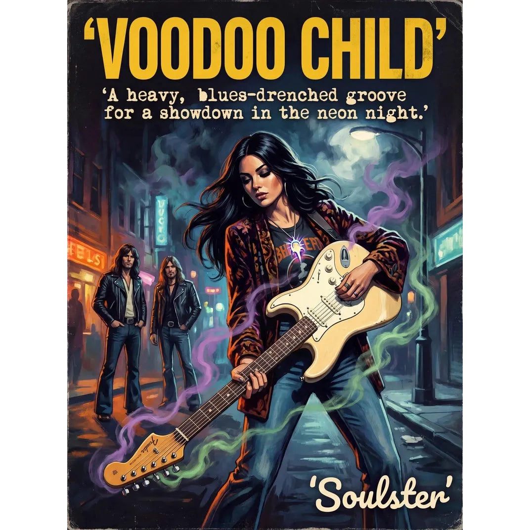 Soulster cinematic vintage pulp book cover art print illustration styled in a classic 1970s design layout inspired by Voodoo Child.