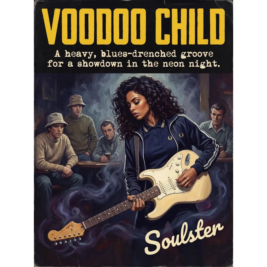 Soulster retro pulp thriller book cover style art print illustration inspired by Alternative Indie - Voodoo Child.