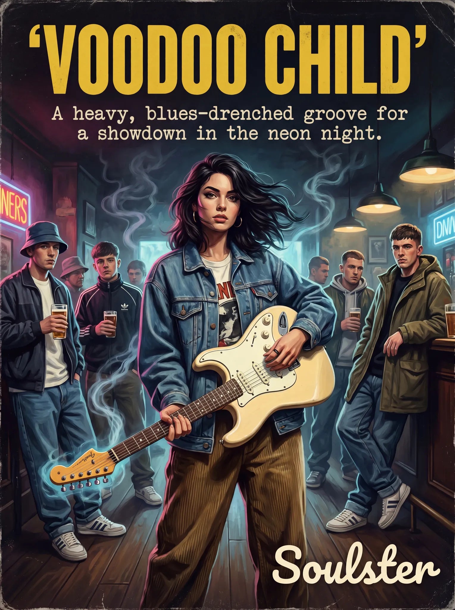 Soulster cinematic vintage pulp book cover art print illustration styled in a classic 1990s design layout inspired by Voodoo Child.