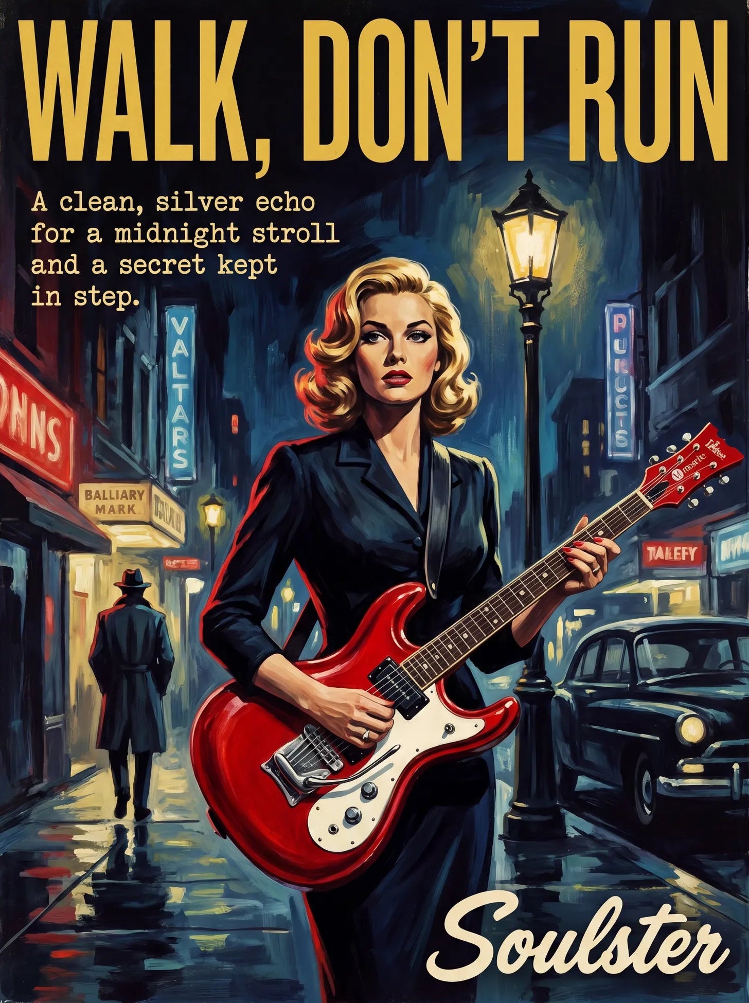 Soulster cinematic vintage pulp book cover art print illustration styled in a classic 1950s theme inspired by Walk, Don't Run.