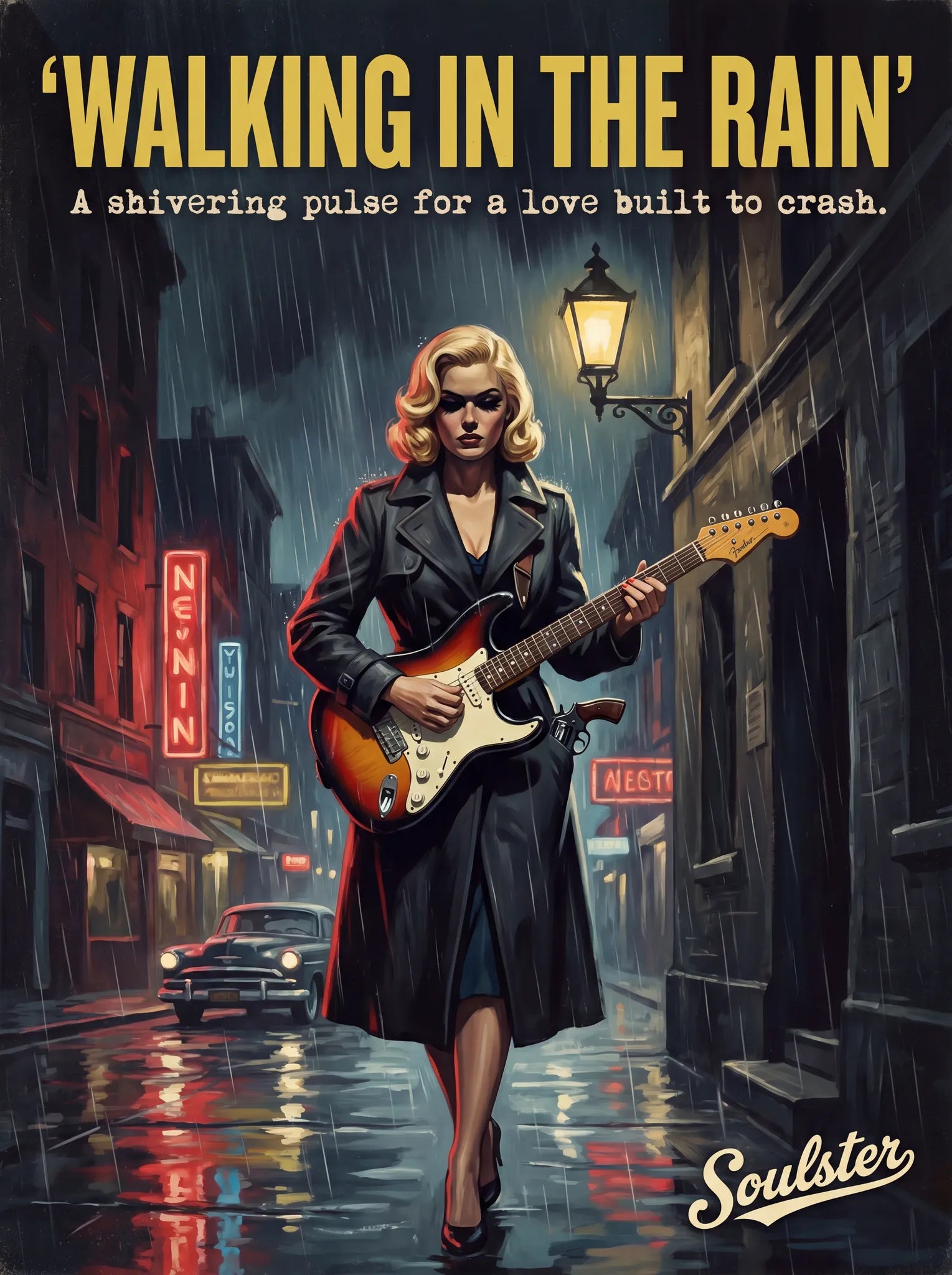 Soulster cinematic vintage pulp book cover art print illustration styled in a classic 1950s theme inspired by Walking In The Rain.